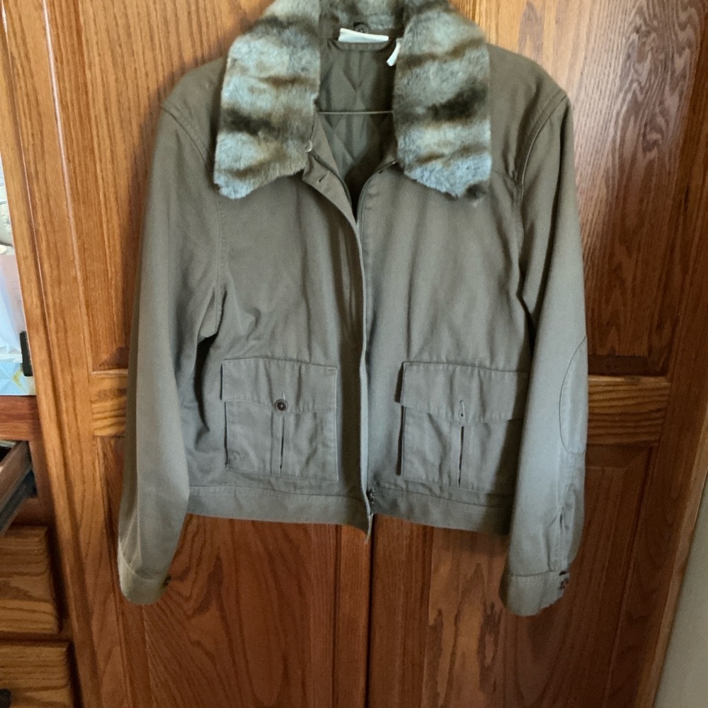 Stylish Tan Utility Zippered Jacket with Removable Faux Fur Collar